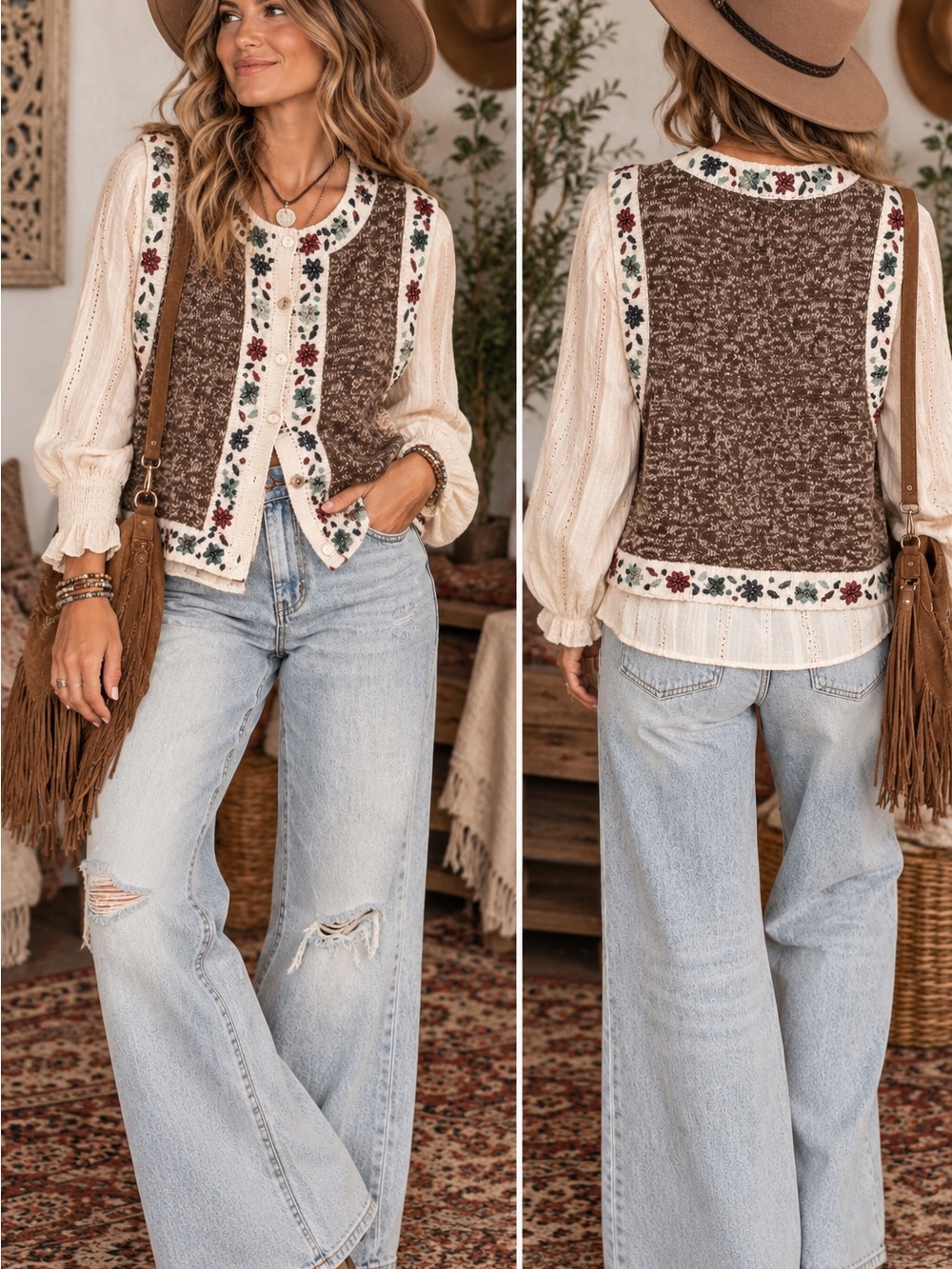 Women's vintage embroidered Brown Knit Floral-Trim Vest - Boho Layering Piece